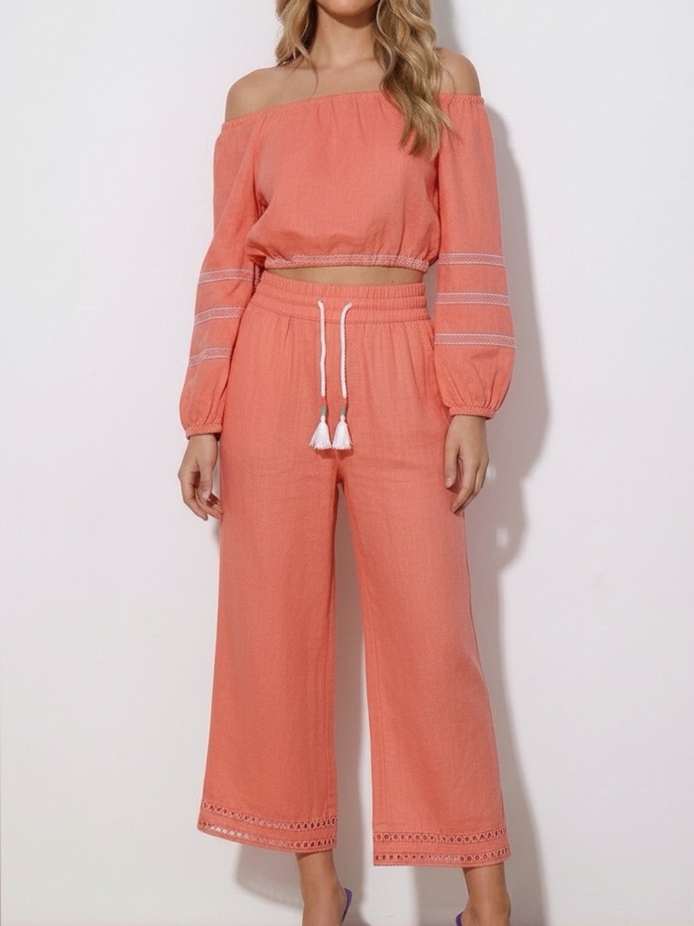 Joie Coral 100% LinenTwo-Piece Set with Drawstring Pants & Pretty Eyelet Details